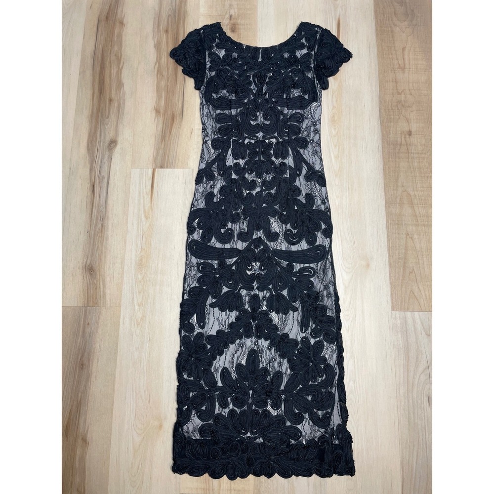 JS Collections Black Soutache Lace Sheath Dress Short Sleeve Midi Size 2 - Picture 2 of 13